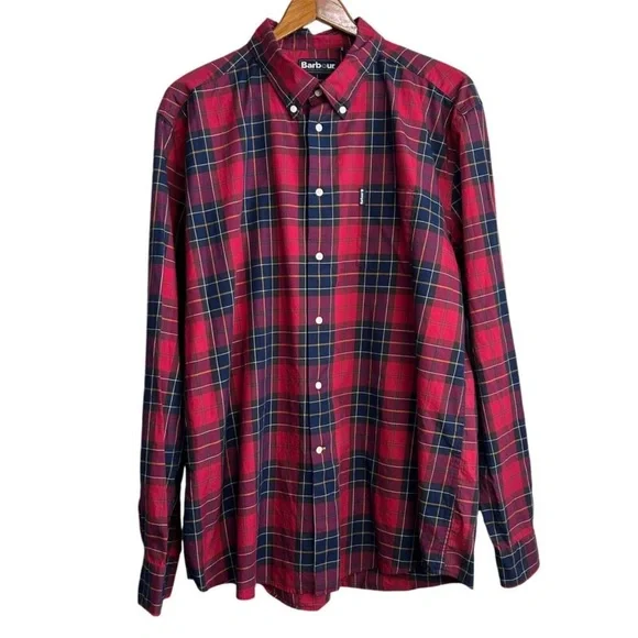 Barbour Castlebay Tailored Fit Shirt Men's XL Navy Red Tartan Plaid Long Sleeve - Picture 1 of 7